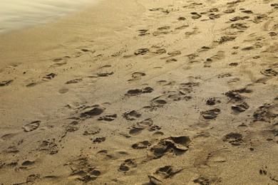 Photo of Many different footprints on sand as background