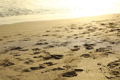 Photo of Sandy beach with footprints near sea, closeup