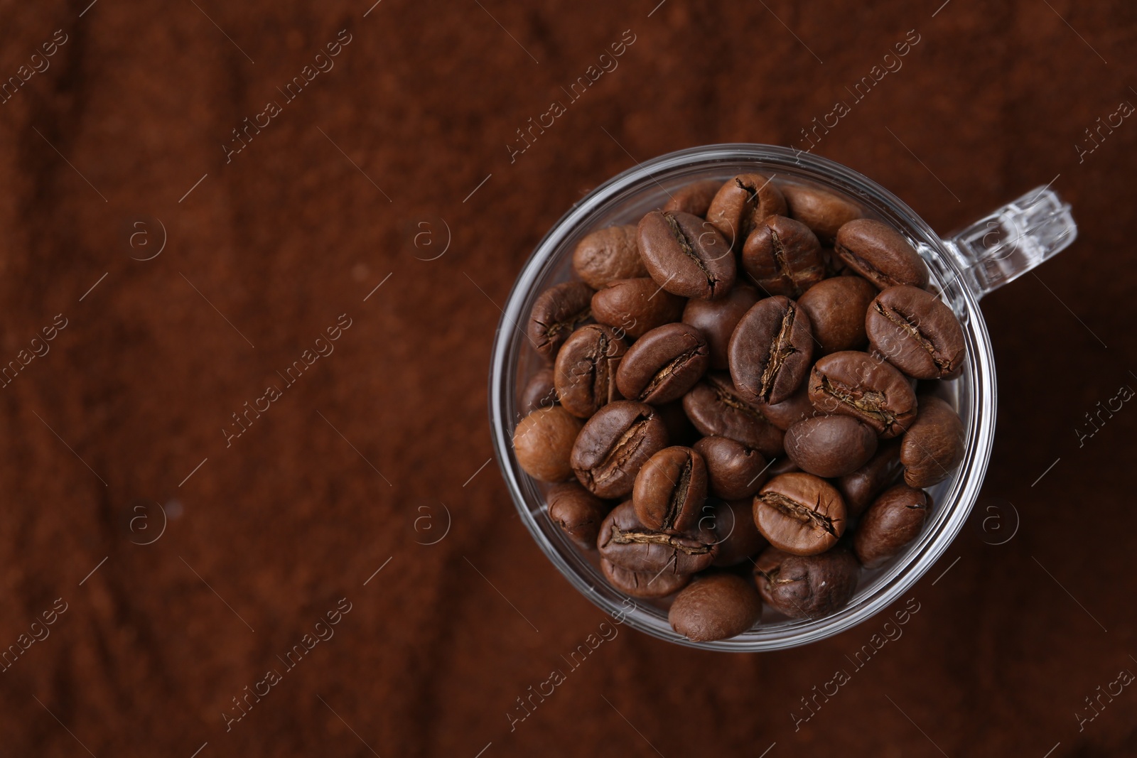 Cup of roasted coffee beans on powder, top view. Space for text Photo of Cup of roasted coffee beans on powder, top view. Space for text