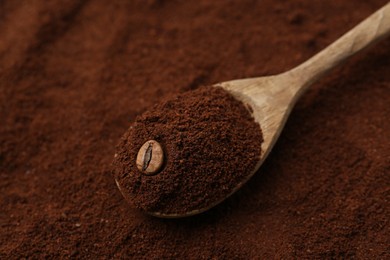 Photo of Instant coffee powder, bean and spoon, closeup
