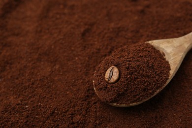 Photo of Instant coffee powder, bean and spoon, closeup. Space for text