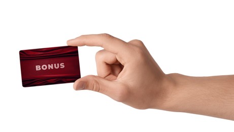 Image of Man holding Bonus card with stylish design on white background, closeup