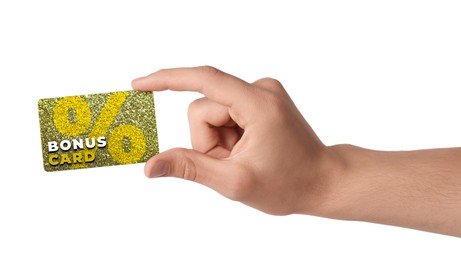 Image of Man holding Bonus card with stylish design on white background, closeup