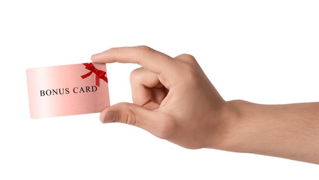 Image of Man holding Bonus card with stylish design on white background, closeup