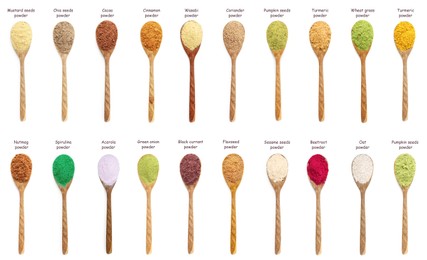 Image of Superfoods. Different powders in spoons and names on white background, set. Top view