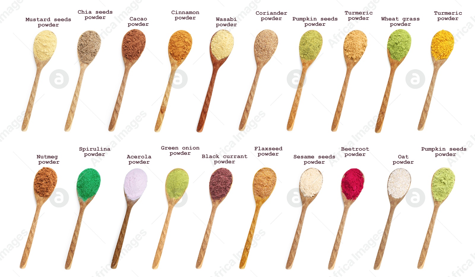 Superfoods. Different powders in spoons and names on white background, set. Top view Image of Superfoods. Different powders in spoons and names on white background, set. Top view