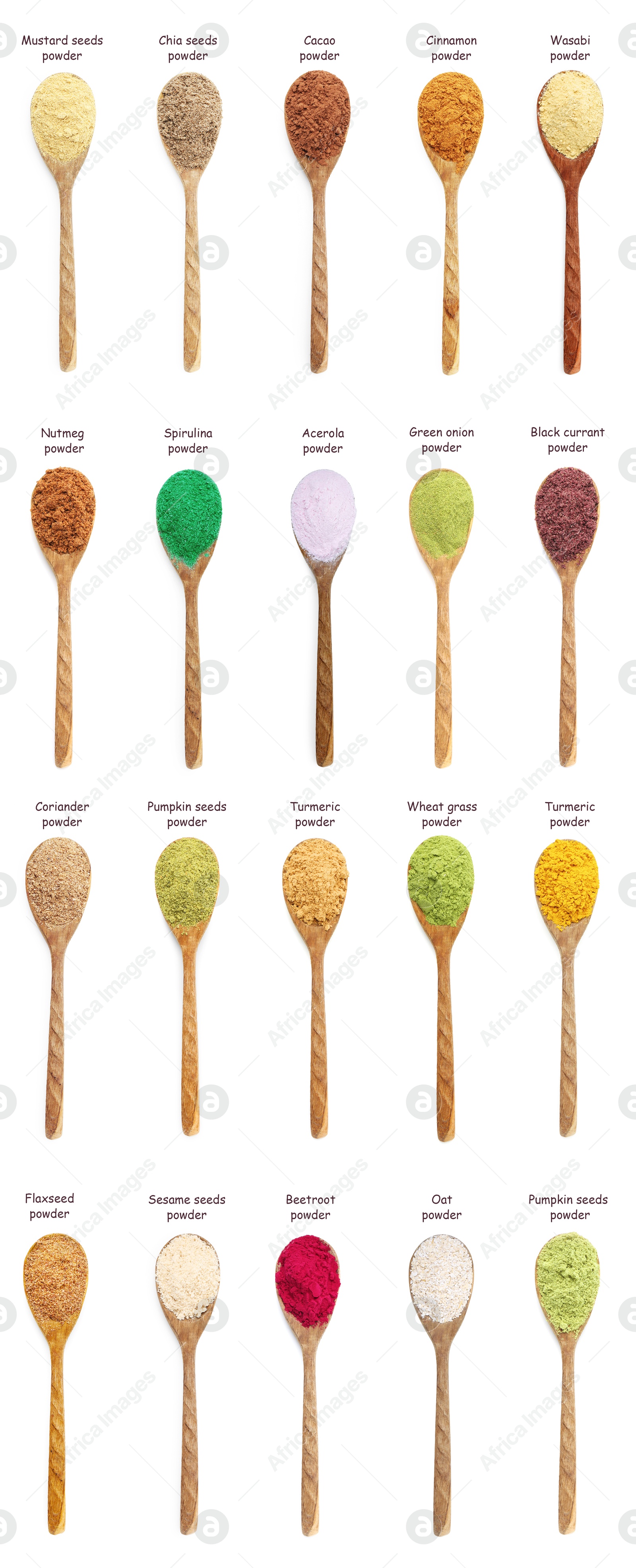 Superfoods. Different powders in spoons and names on white background, set. Top view Image of Superfoods. Different powders in spoons and names on white background, set. Top view