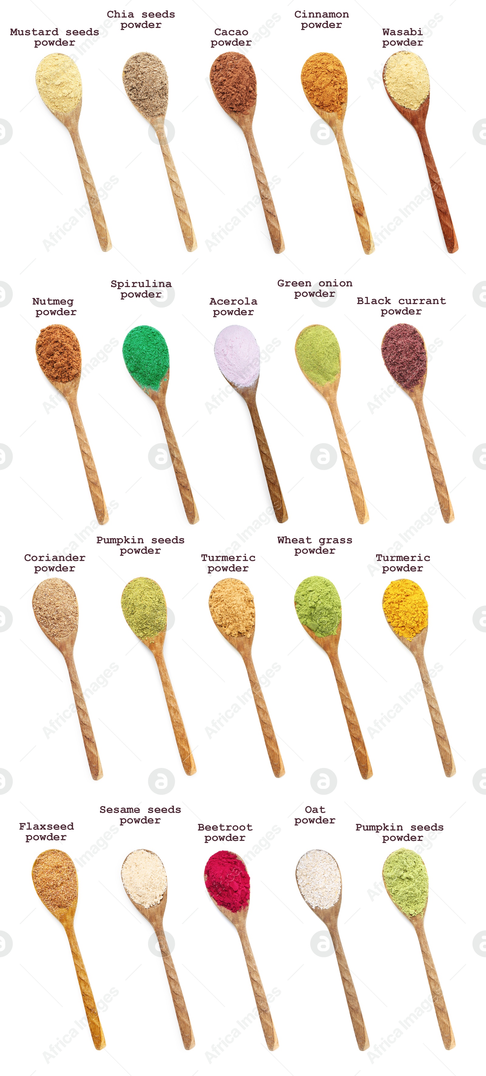 Superfoods. Different powders in spoons and names on white background, set. Top view Image of Superfoods. Different powders in spoons and names on white background, set. Top view