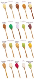 Image of Superfoods. Different powders in spoons and names on white background, set. Top view