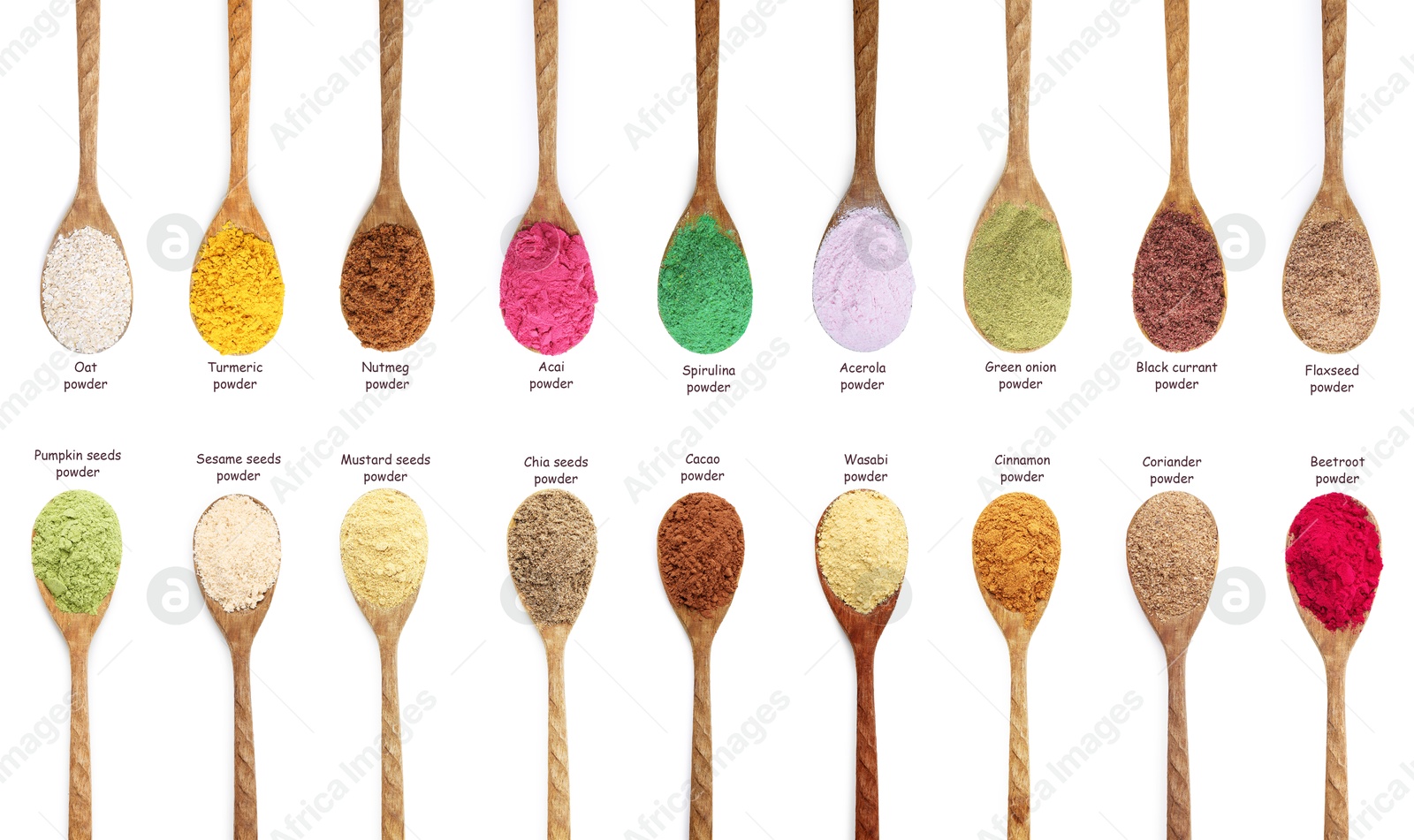 Superfoods. Different powders in spoons and names on white background, set. Top view Image of Superfoods. Different powders in spoons and names on white background, set. Top view
