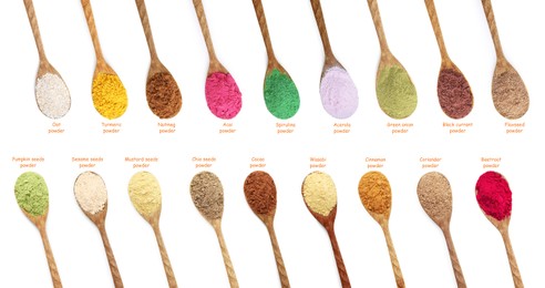 Image of Superfoods. Different powders in spoons and names on white background, set. Top view