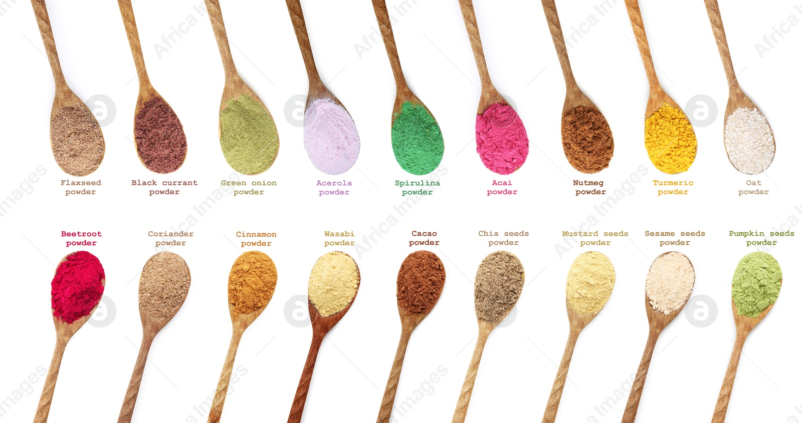 Superfoods. Different powders in spoons and names on white background, set. Top view Image of Superfoods. Different powders in spoons and names on white background, set. Top view