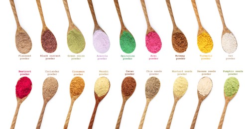 Image of Superfoods. Different powders in spoons and names on white background, set. Top view