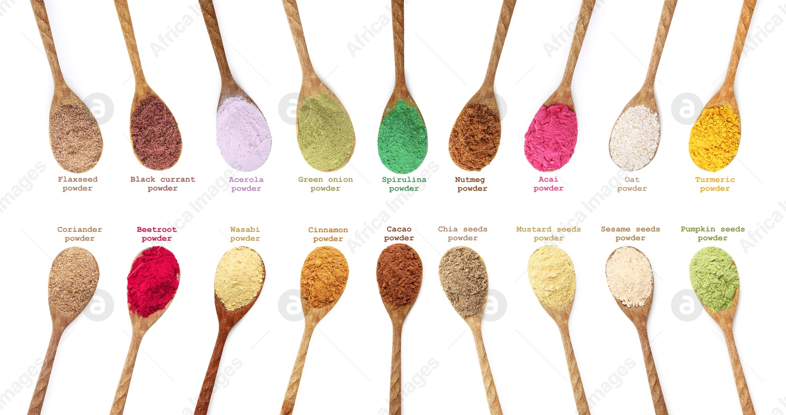 Superfoods. Different powders in spoons and names on white background, set. Top view Image of Superfoods. Different powders in spoons and names on white background, set. Top view