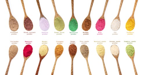 Image of Superfoods. Different powders in spoons and names on white background, set. Top view