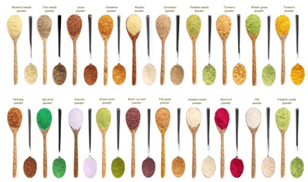 Image of Superfoods. Different powders in spoons and names on white background, set. Top view