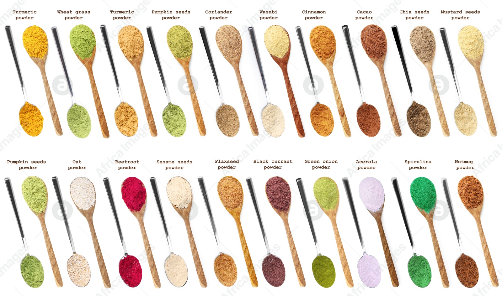 Image of Superfoods. Different powders in spoons and names on white background, set. Top view