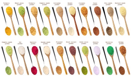 Image of Superfoods. Different powders in spoons and names on white background, set. Top view