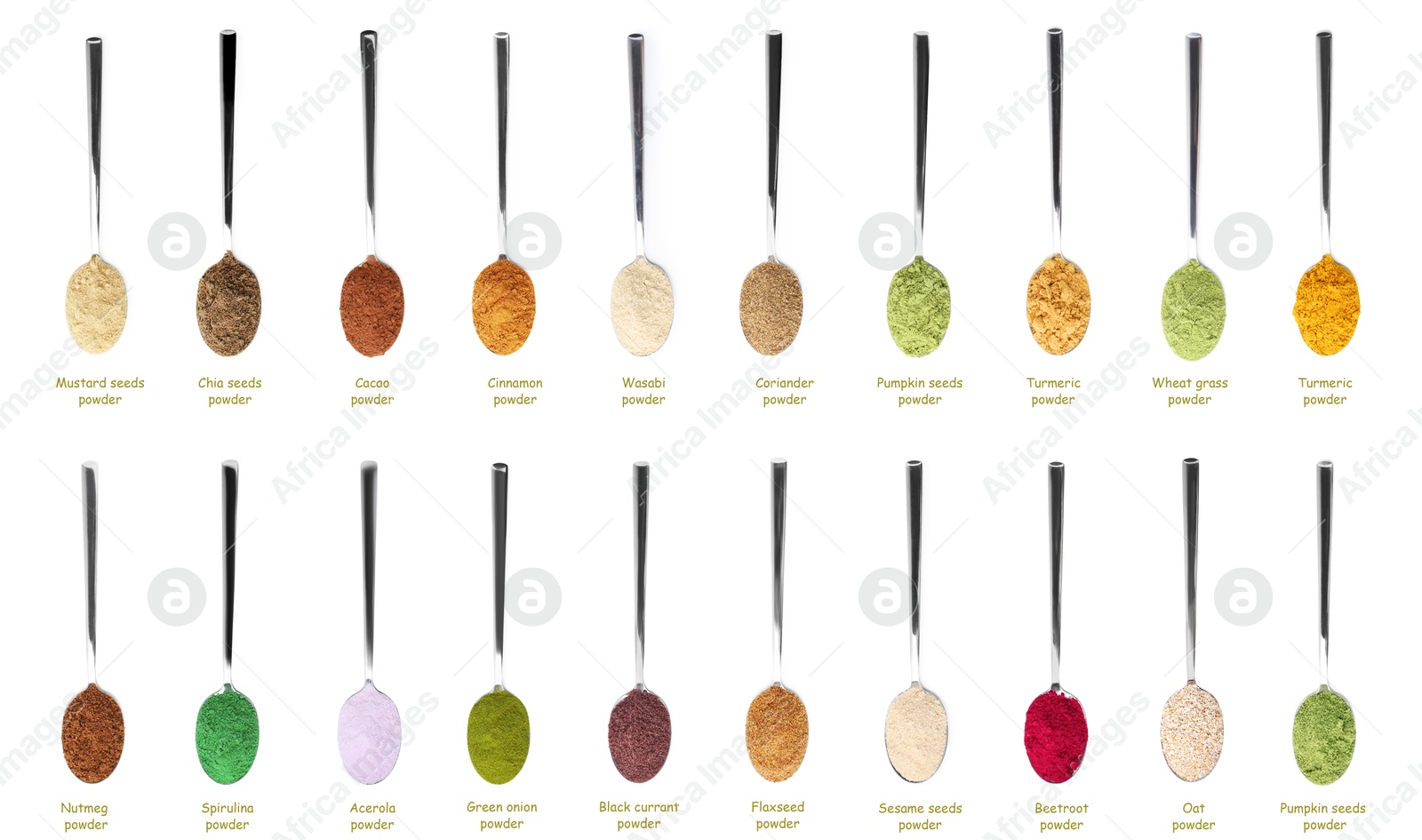 Superfoods. Different powders in spoons and names on white background, set. Top view Image of Superfoods. Different powders in spoons and names on white background, set. Top view