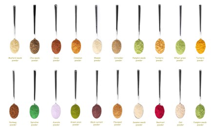 Image of Superfoods. Different powders in spoons and names on white background, set. Top view