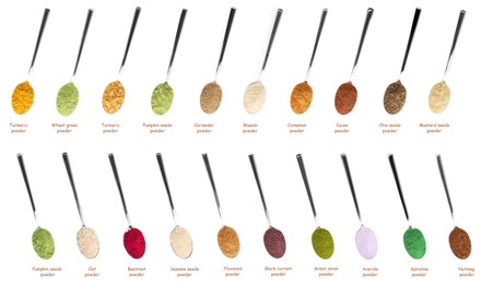 Image of Superfoods. Different powders in spoons and names on white background, set. Top view