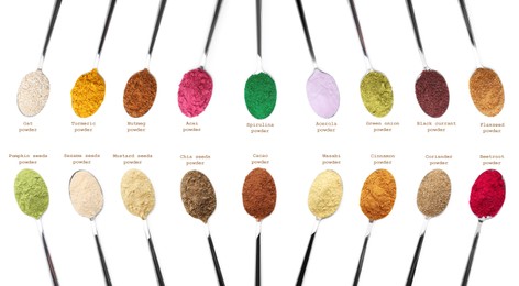 Image of Superfoods. Different powders in spoons and names on white background, set. Top view
