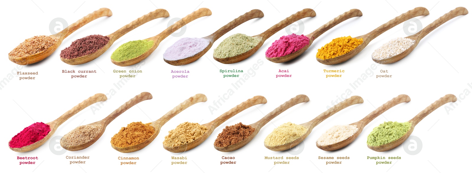 Superfoods. Different powders in spoons and names on white background, set Image of Superfoods. Different powders in spoons and names on white background, set