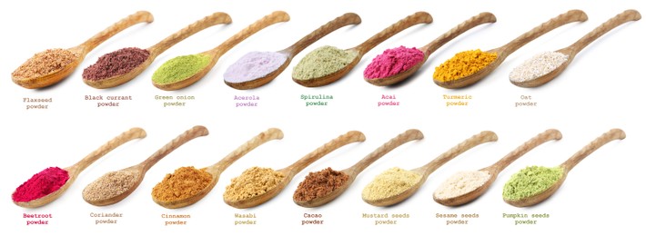 Image of Superfoods. Different powders in spoons and names on white background, set