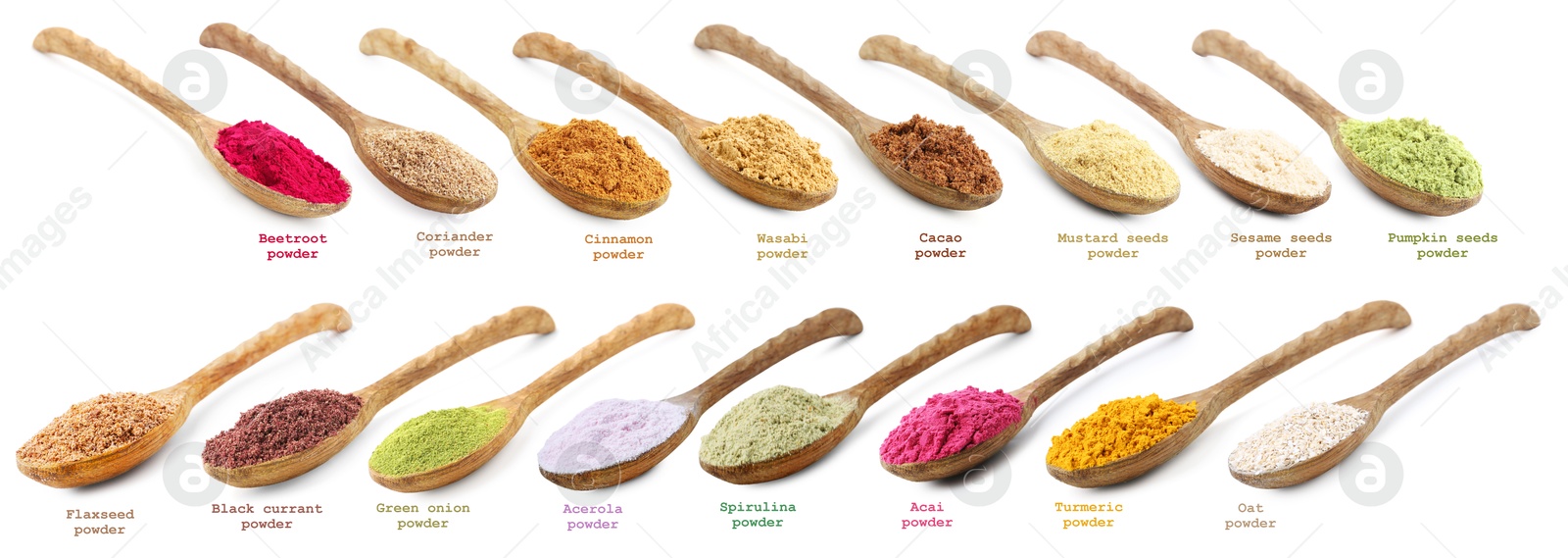 Superfoods. Different powders in spoons and names on white background, set Image of Superfoods. Different powders in spoons and names on white background, set