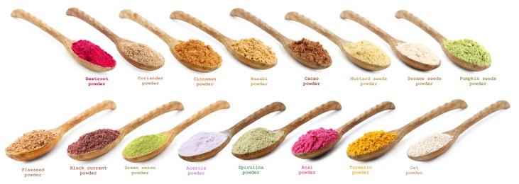 Image of Superfoods. Different powders in spoons and names on white background, set