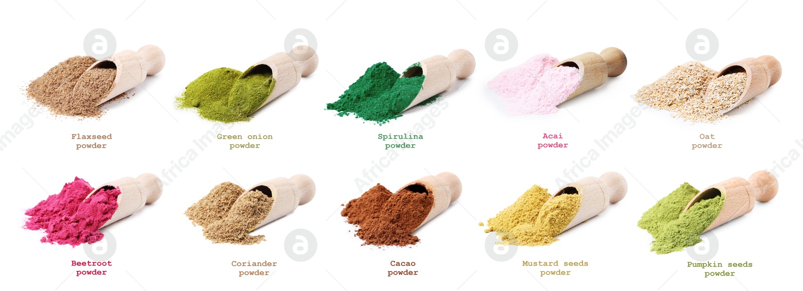 Image of Superfoods. Different powders and names on white background, set