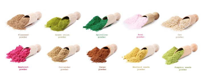 Image of Superfoods. Different powders and names on white background, set