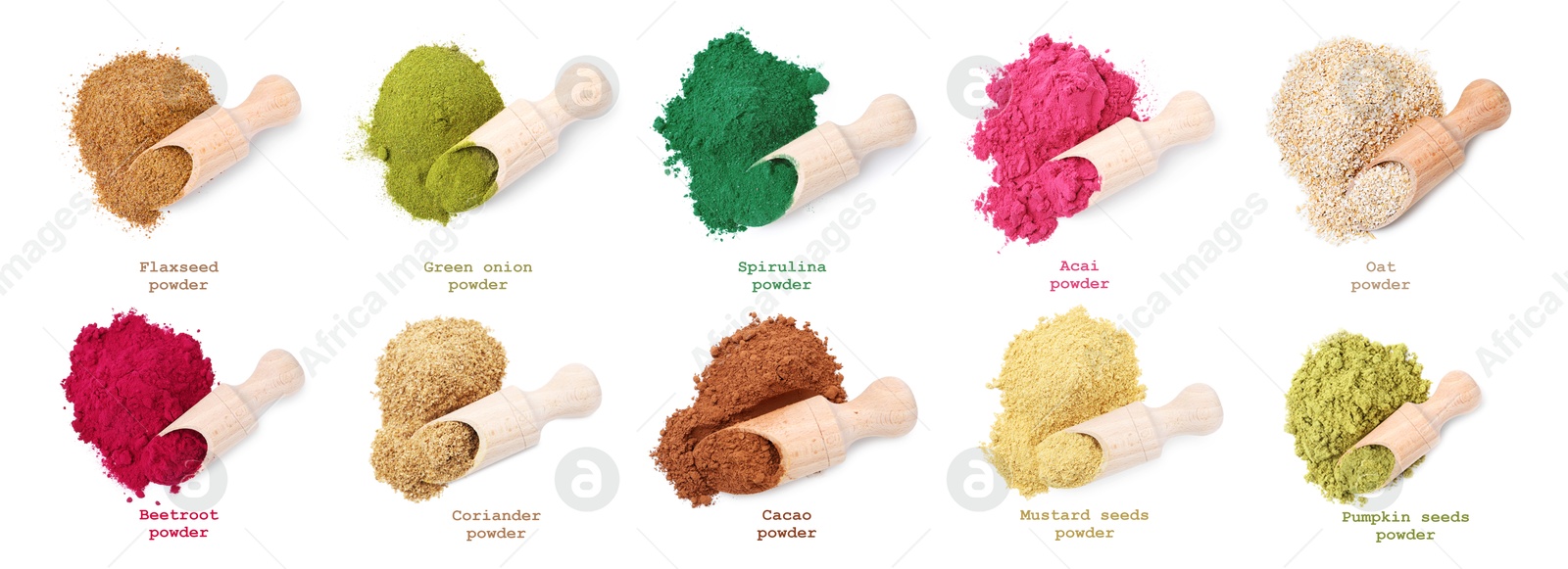 Superfoods. Different powders and names on white background, set. Top view Image of Superfoods. Different powders and names on white background, set. Top view