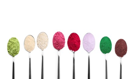 Image of Different superfood powders in spoons on white background, collage. Top view