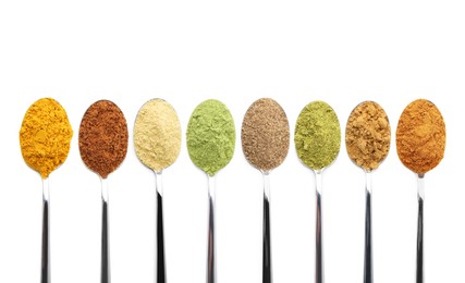 Image of Different superfood powders in spoons on white background, collage. Top view