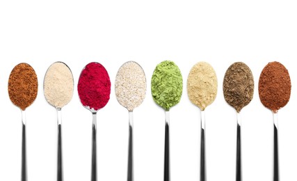 Image of Different superfood powders in spoons on white background, collage. Top view