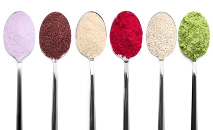Image of Different superfood powders in spoons on white background, collage. Top view