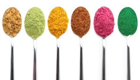 Image of Different superfood powders in spoons on white background, collage. Top view
