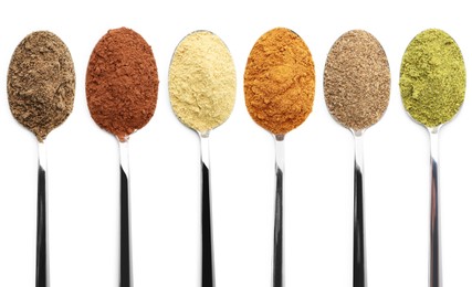 Image of Different superfood powders in spoons on white background, collage. Top view