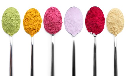 Image of Different superfood powders in spoons on white background, collage. Top view