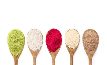 Image of Different superfood powders in wooden spoons on white background, collage. Top view