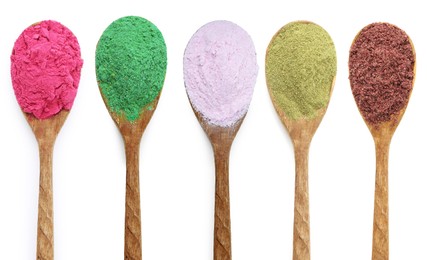 Image of Different superfood powders in wooden spoons on white background, collage. Top view