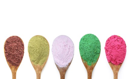 Image of Different superfood powders in spoons on white background, collage. Top view