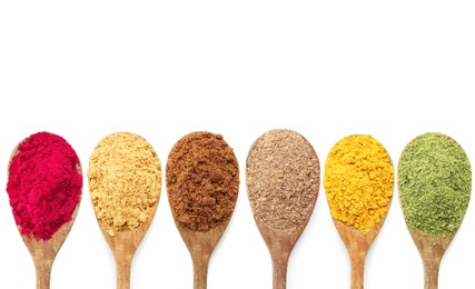 Image of Different superfood powders in spoons on white background, collage. Top view