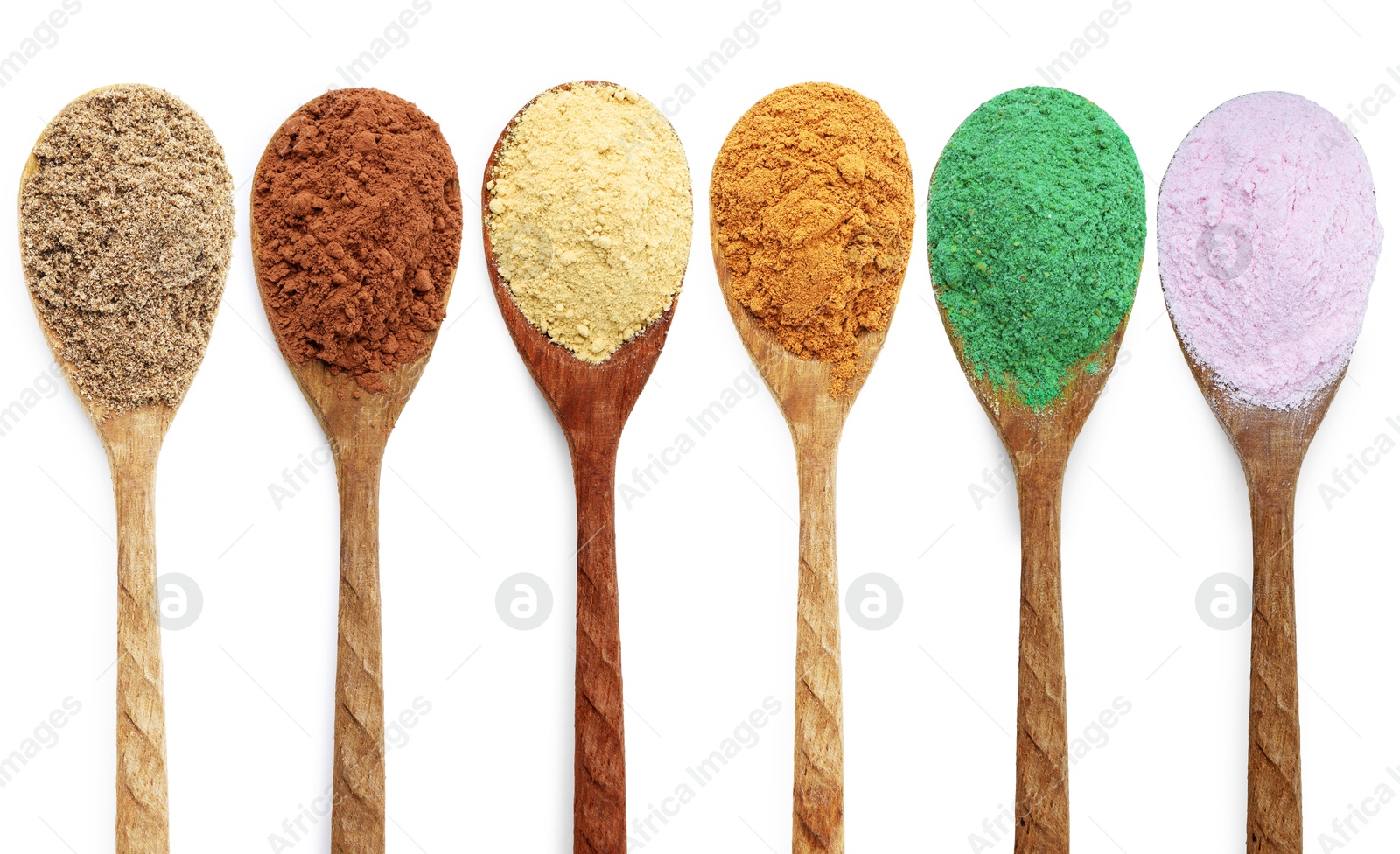 Image of Different superfood powders in wooden spoons on white background, collage. Top view