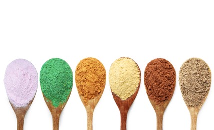 Image of Different superfood powders in spoons on white background, collage. Top view