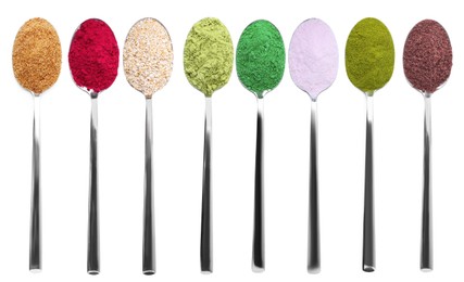 Image of Different superfood powders in spoons on white background, collage. Top view