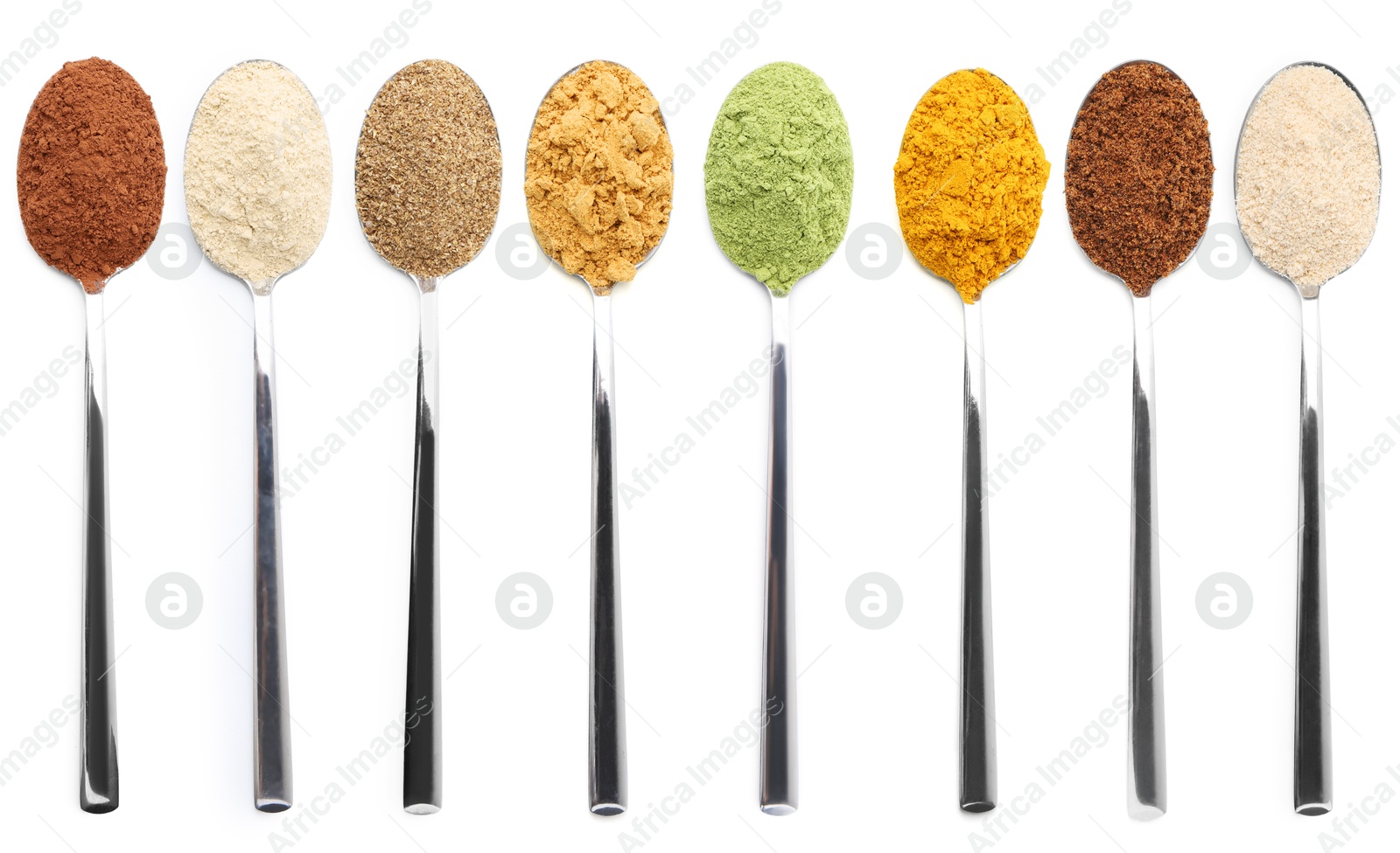 Different superfood powders in spoons on white background, collage. Top view Image of Different superfood powders in spoons on white background, collage. Top view