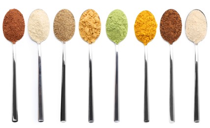 Image of Different superfood powders in spoons on white background, collage. Top view