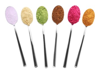Image of Different superfood powders in spoons on white background, collage. Top view